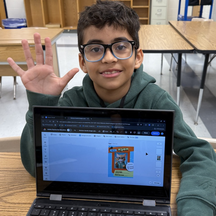 student with computer and design of plush pal