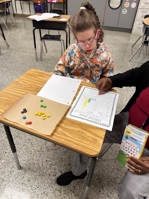 Student at desk with m&Ms and graphing paper-sorted by color