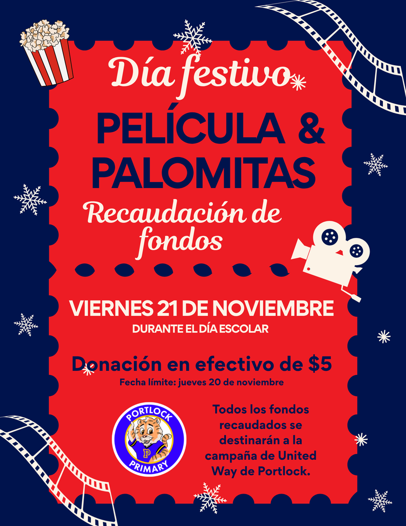 Holiday Movie and Popcorn Fundraiser for the United Way, November 21st $5 cash donation due by 11/20