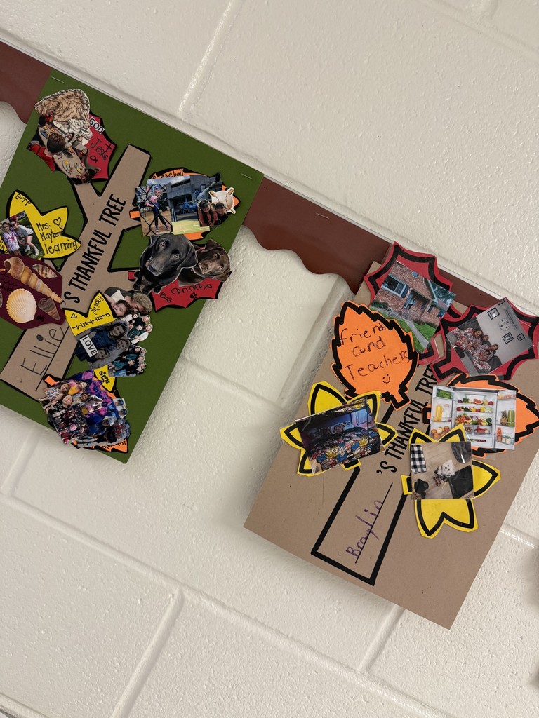 Ellie and Braylin's trees of gratitude showing pictures of family, friends, and pets that they are grateful for