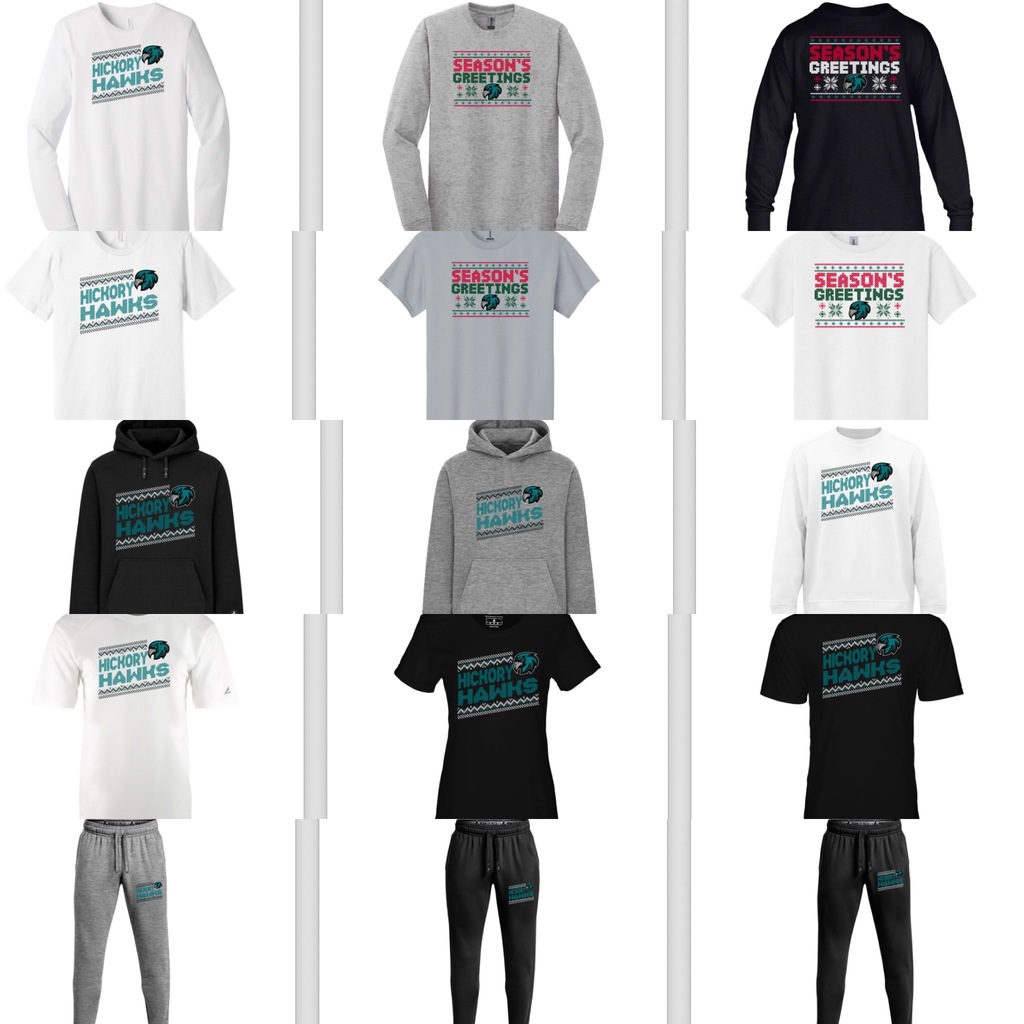 images of tee shirts, sweatshirts, long sleeves, and sweatpants with holiday logos with the hawk head