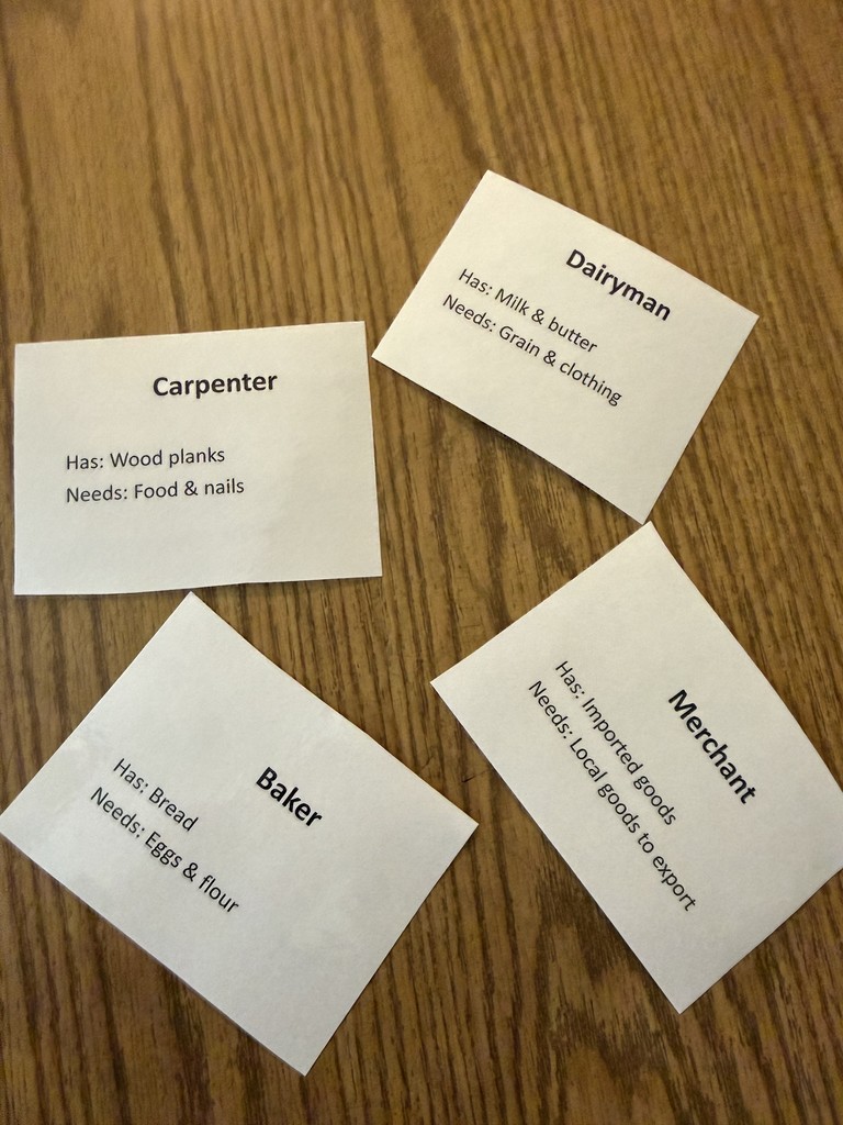 Cards with Virginia Jobs and Has and needs listed (Carpenter, Dairyman, Merchant, and Baker)