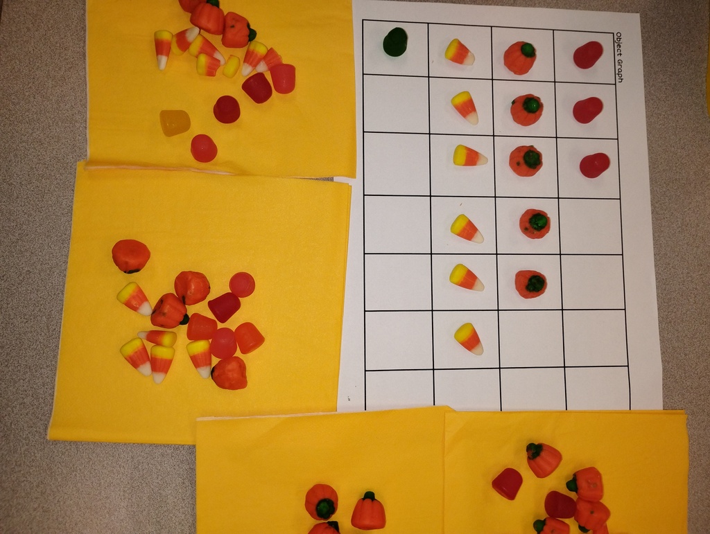 object graph using candy pumpkins, candy corn, and dots candy that Mrs. McLain's students sorted