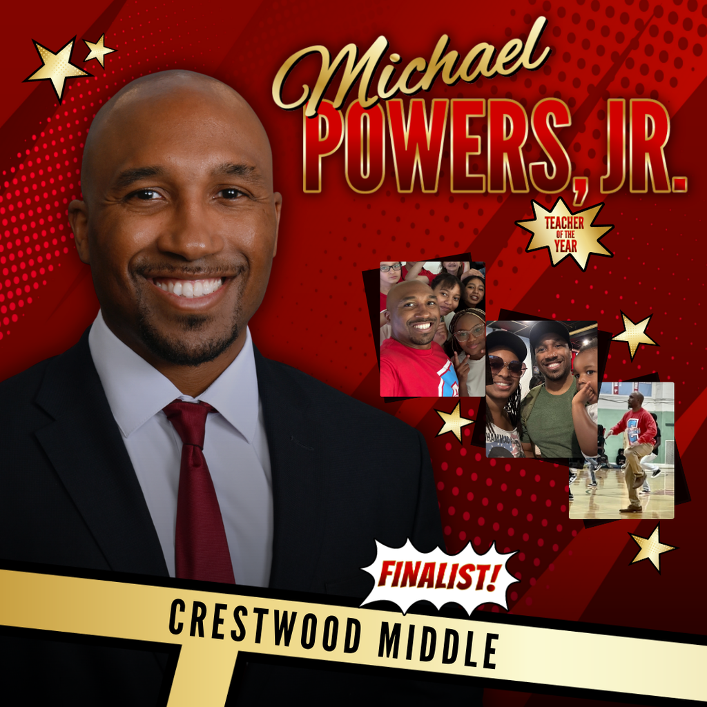 red and gold tones in a comic book them with Michael Powers name in big letters, a cut out image, and 3 candid photos. 