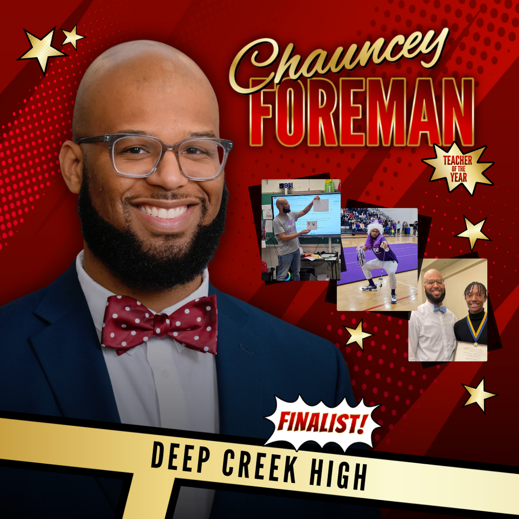 red and gold tones in a comic book them with Chauncey Foreman name in big letters, a cut out image, and 3 candid photos. 