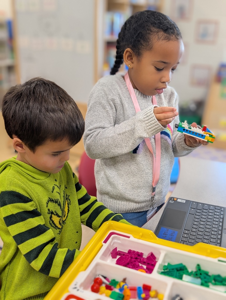 Kindergarten students building a Lego car to measure and then measure the distance it will travel at varying speeds.