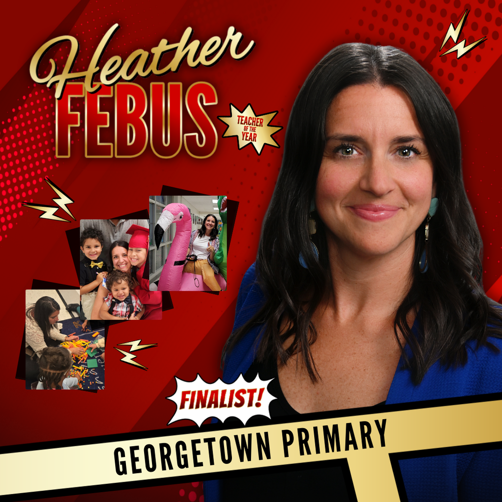 red and gold tones in a comic book them with Heather Febus's name in big letters, a cut out image, and 3 candid photos. 