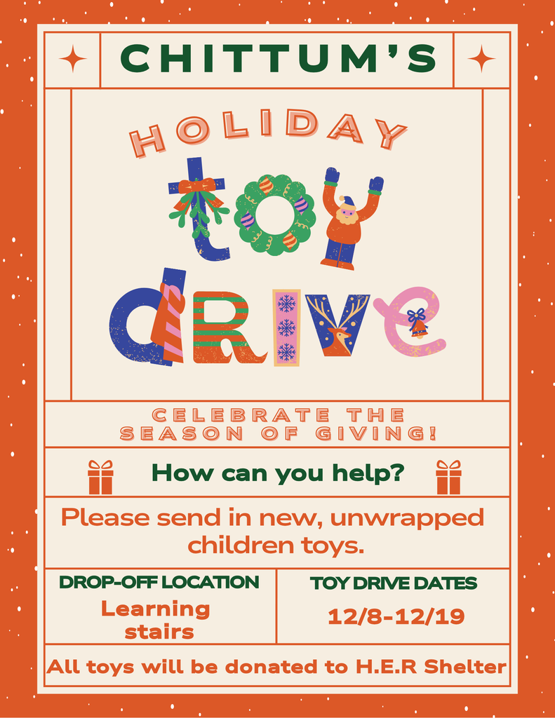 holiday toy drive 12/8-12-19! Bring in new, unwrapped toys to be donated to the HER shelter!