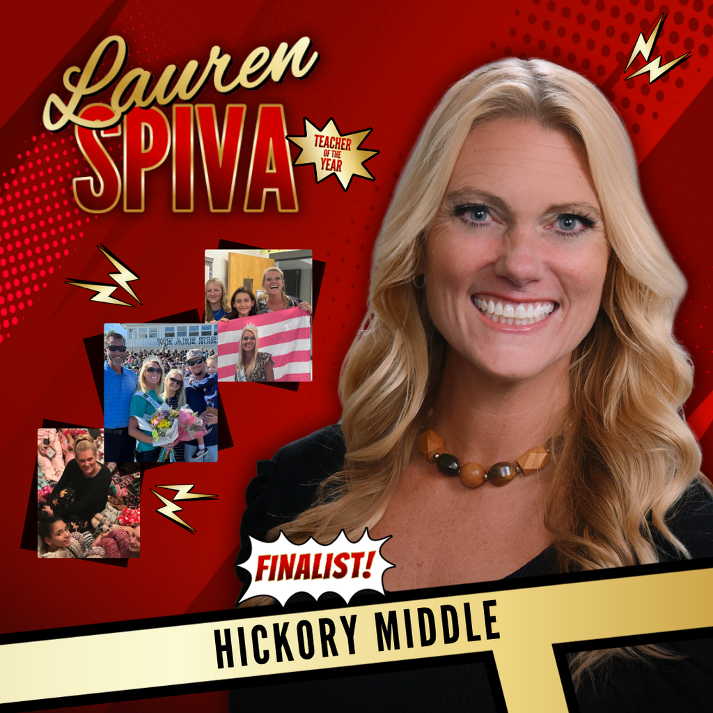 red and gold tones in a comic book them with Lauren Spiva's name in big letters, a cut out image, and 3 candid photos.