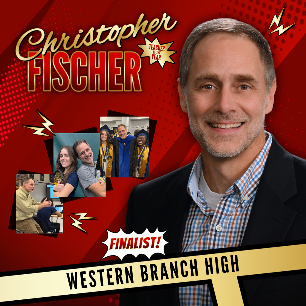 red and gold tones in a comic book them with Christopher Fischer's name in big letters, a cut out image, and 3 candid photos.