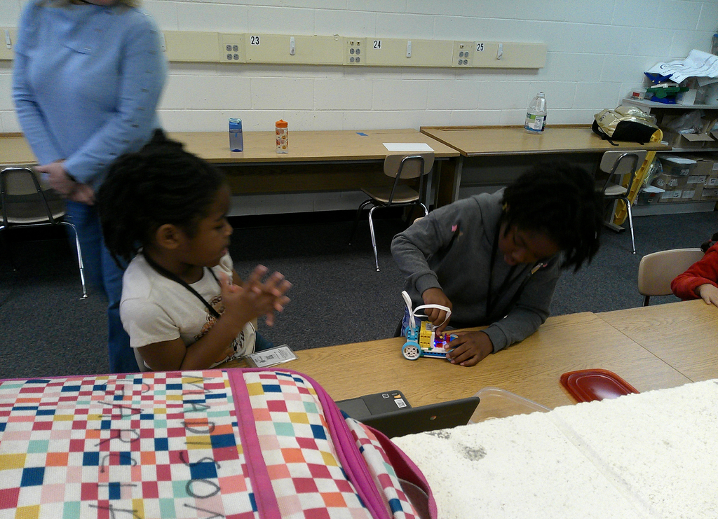 students build their Lego taxi to investigate pushes and pulls