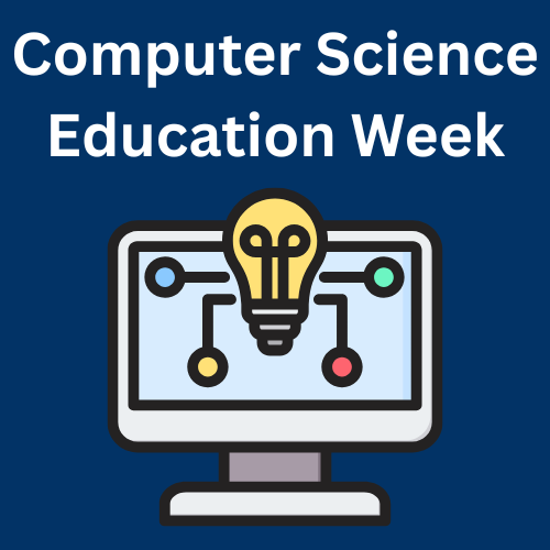 Computer Science Education Week graphic with a computer and lightbulb