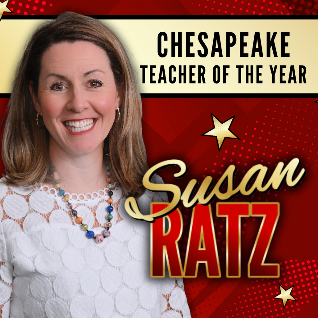 red and gold image with comic elements and Susan Ratz in big letters along with Chesapeake Teacher of the Year