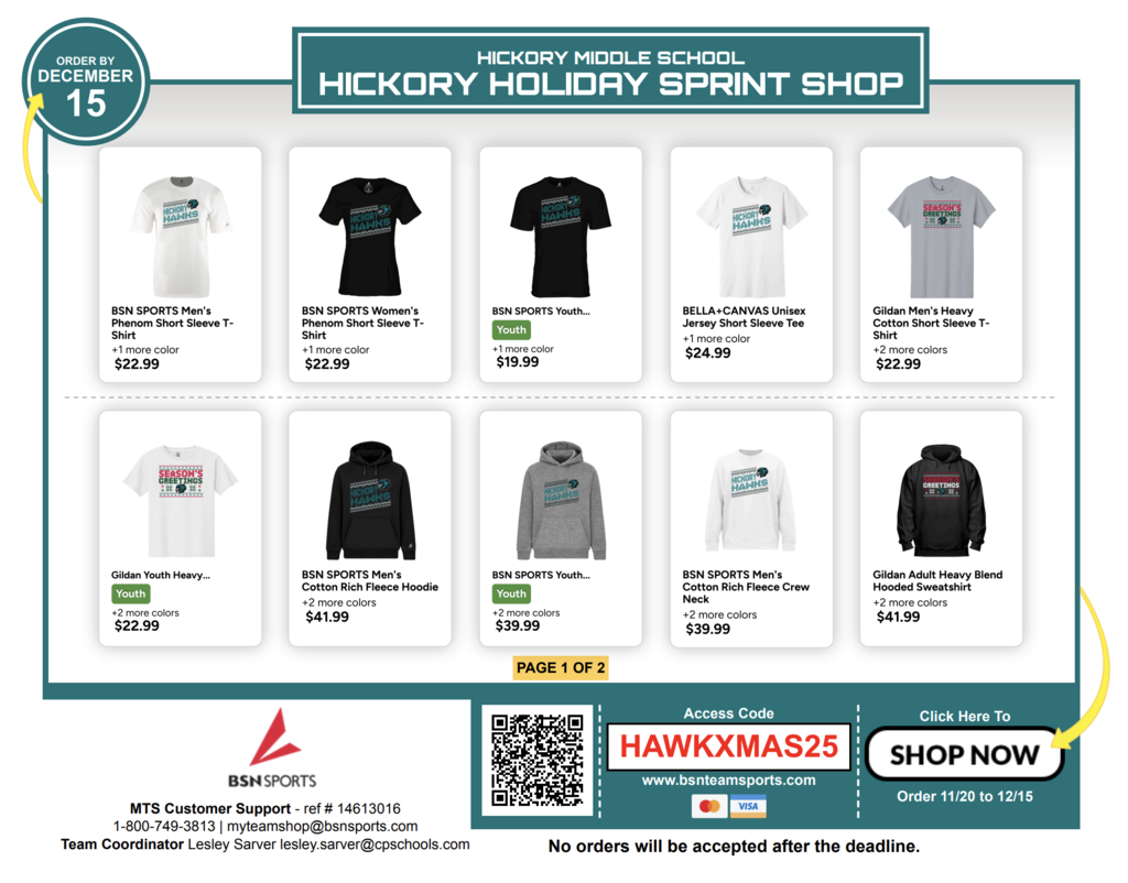 HMS Holiday Sprint Shop- images of the shirts available BSN Sports Order by Dec 15