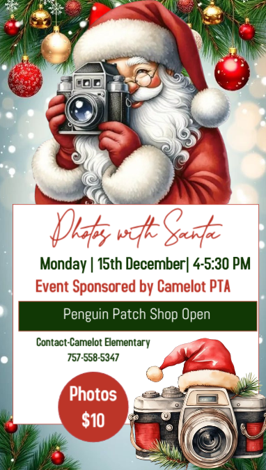 Photos with Santa at Camelot on December 15th from 4:00 to 5:30 PM flyer