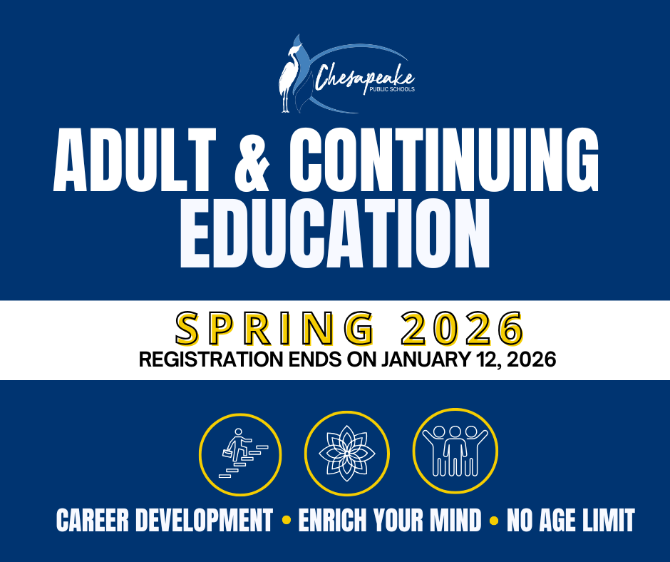 Adult and Condinuing Education Courses registration graphic in blue and white
