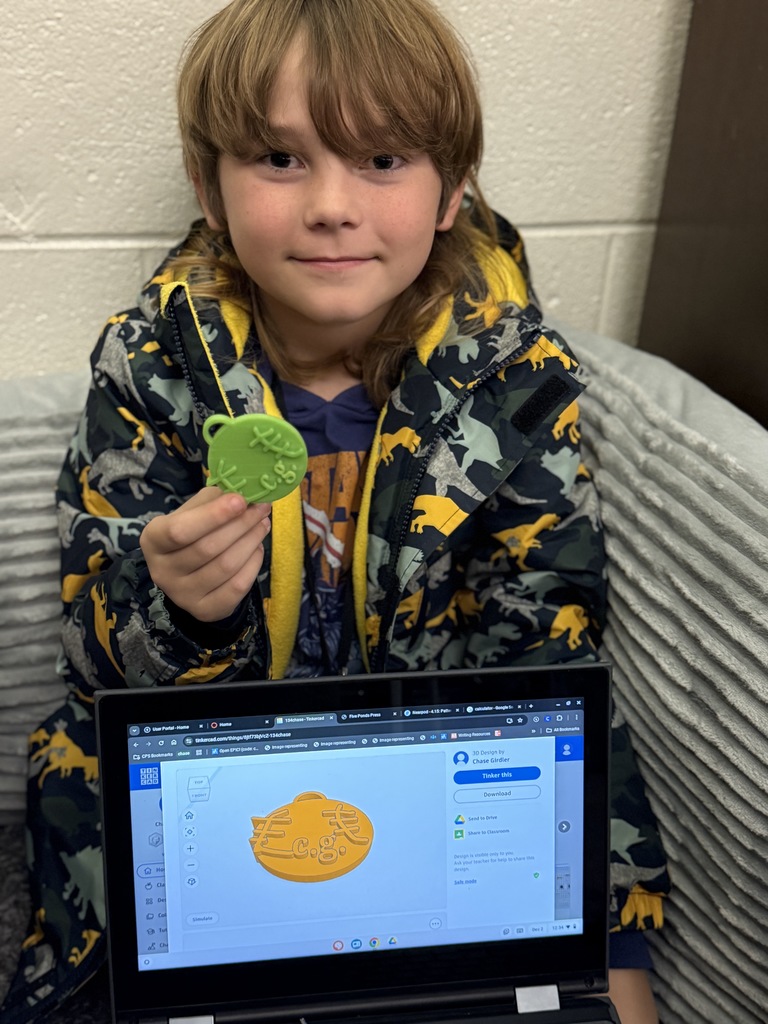 Tinkercad file and brag tag with student holding it
