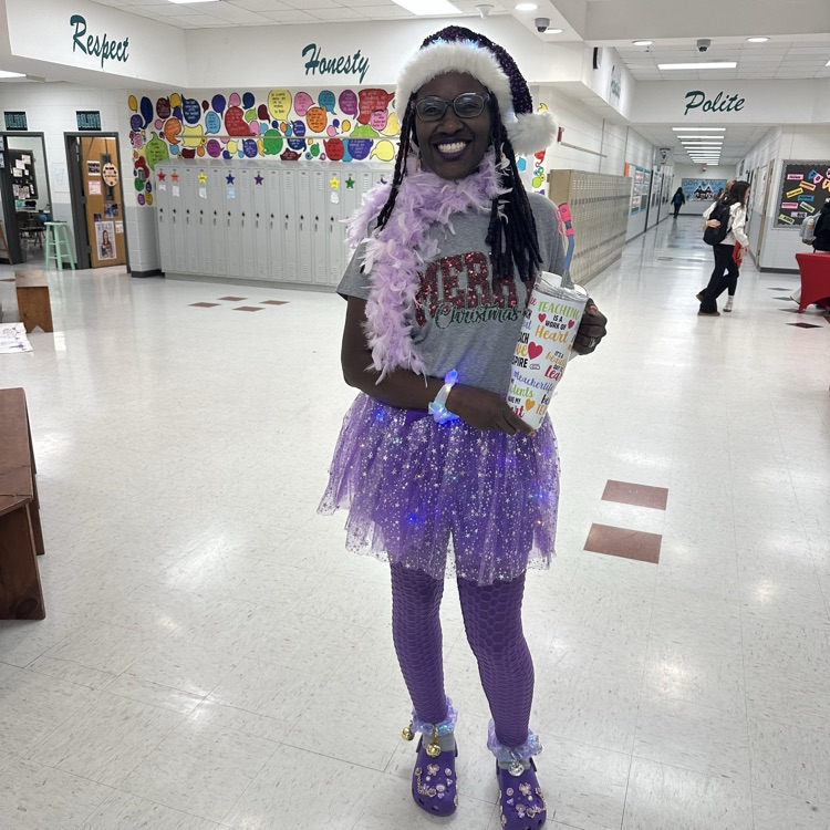 a teacher dressed in sparkling holiday wear