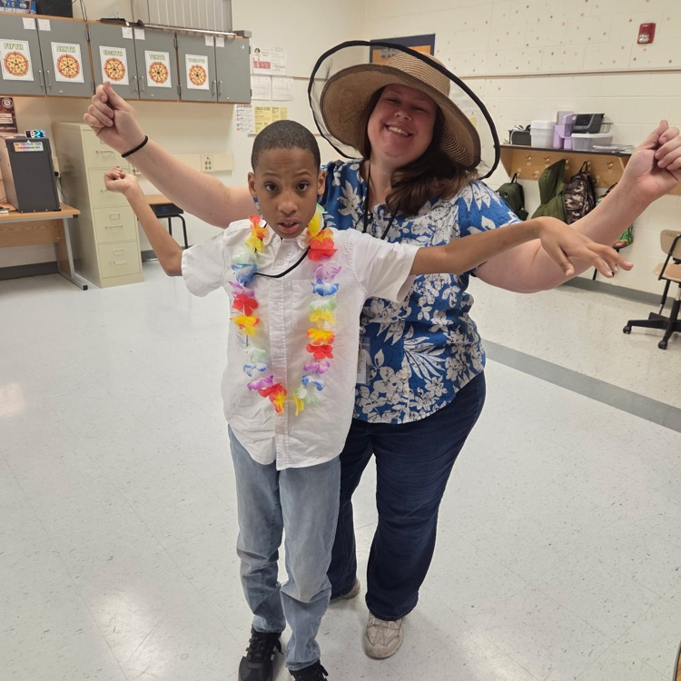 teacher and student in Hawaiian shirts  