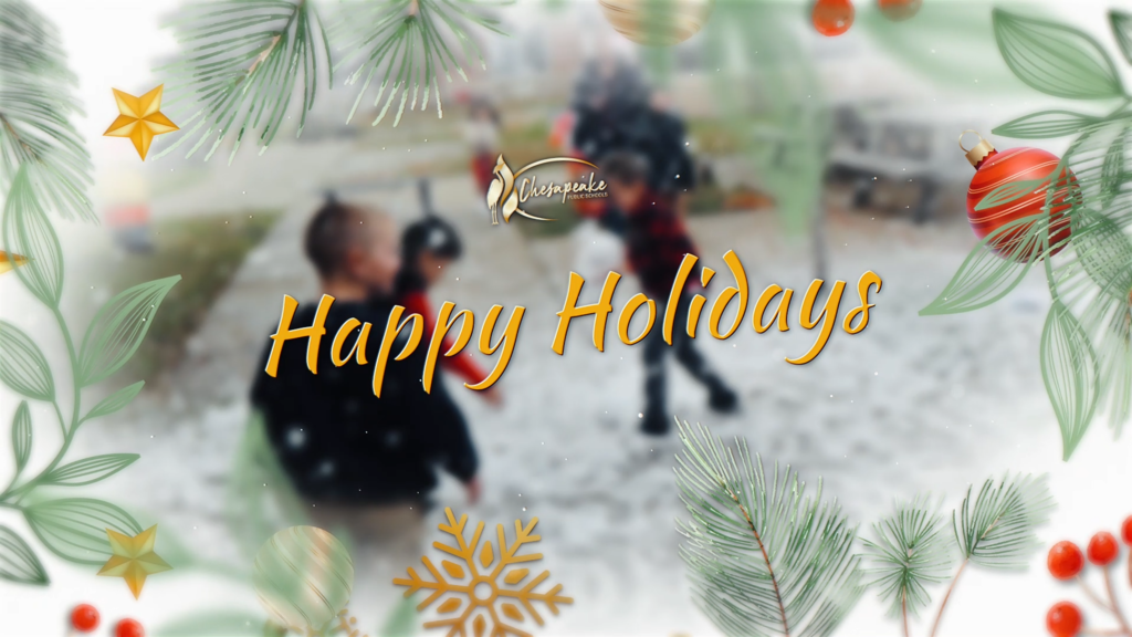 Chesapeake Public Schools Happy Holidays graphic with logo and leaf design