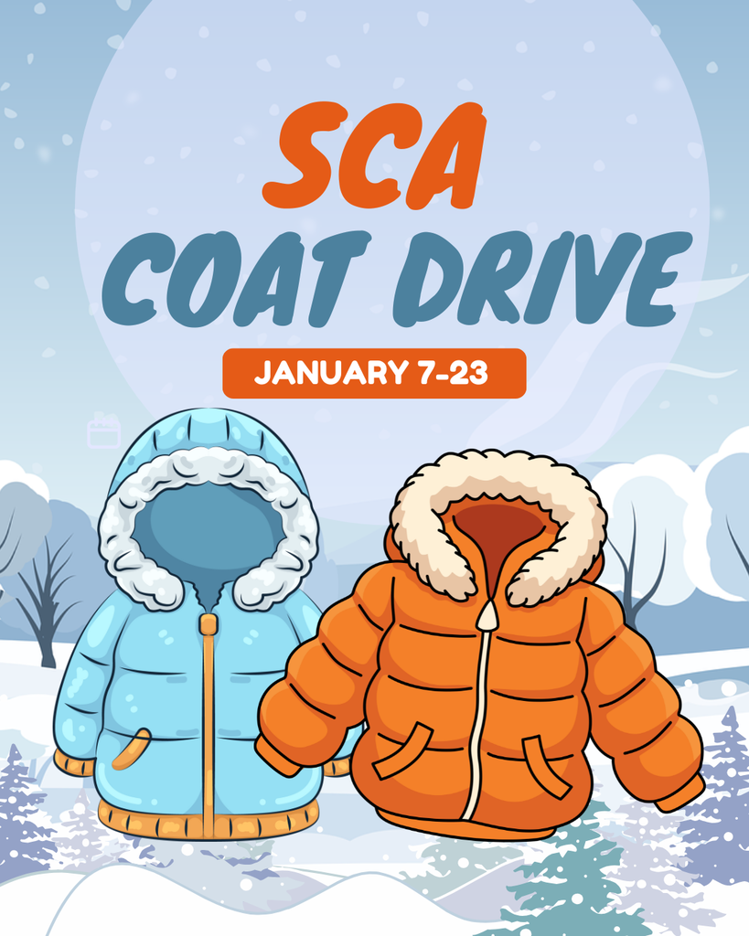 A vertical, illustrated flyer promoting a community event titled "SCA Coat Drive." The design uses a winter theme with a color palette of light blue, orange, and white.  Text Content Headline (Top): "SCA" (in orange script) followed by "COAT DRIVE" (in large, bold blue block letters).  Dates (Middle): "JANUARY 7-23" displayed in white text inside a rounded orange rectangular button.