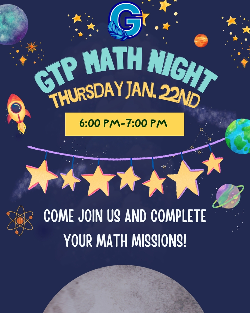 Space-themed flyer with stars, rockets, planets, and the moon advertising GTP Math Night on Thursday January 22 from 6 pm to 7 pm - Come join us to complete your math missions