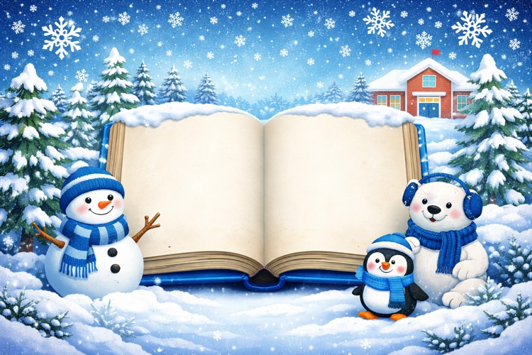 graphic with snow and snowmen and a book to show that winter spirit is next week!