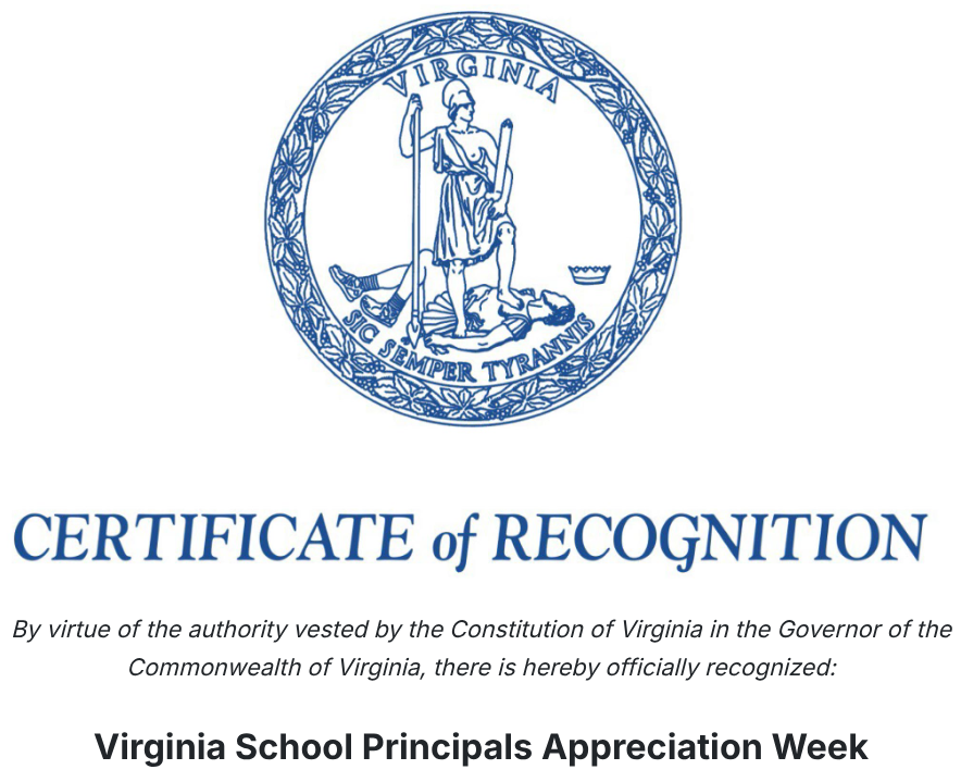 Certificate of Recognition Virginia School Principals Appreciation Week banner