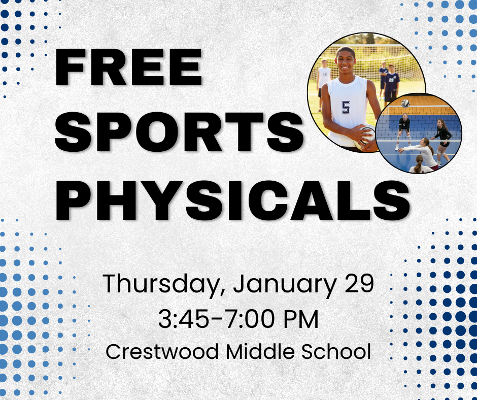 Gray marble background with two children playing sports in circle images. Letters state Free Sports Physicals, Thursday jan 29, time and place.