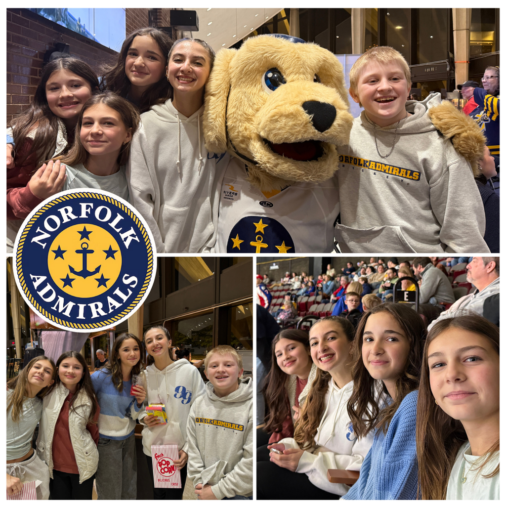 Norfolk Admirals logo and students at the hockey game with the mascot