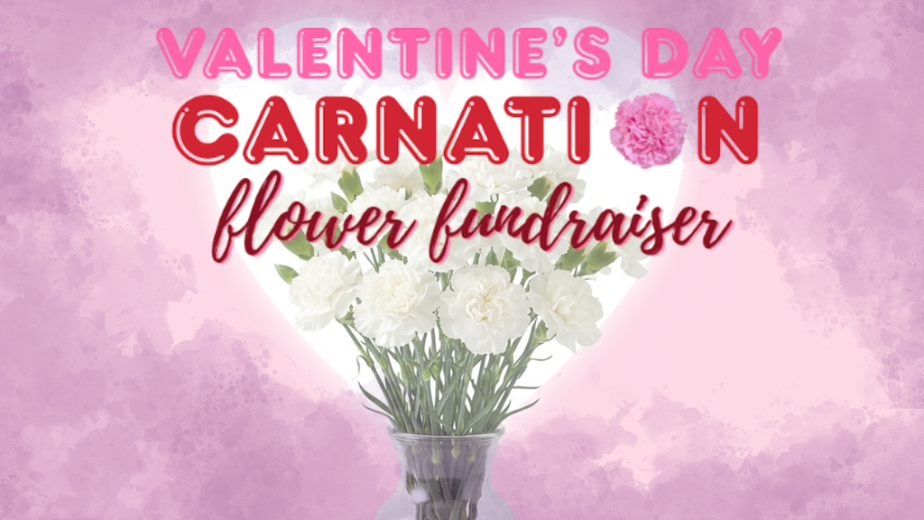 A bouquet of flowers with the words Valentine's Day Carnation Flower Fundraiser.