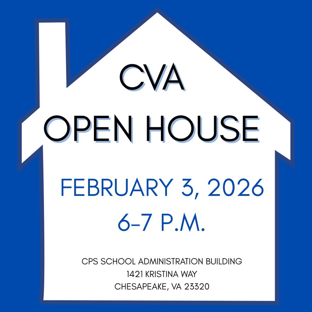 a white house  with a blue background with information  text about cva open house including the date, time, and location. 