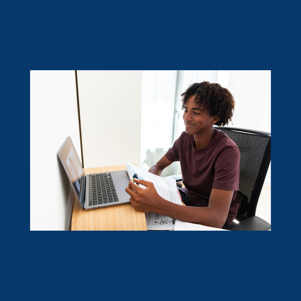 teen  student at desk with his computer 
