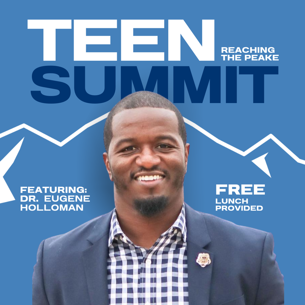blue background with image of Dr. Eugene Holoman in cut out form.  Text: Teen Summit - Reaching the Peake