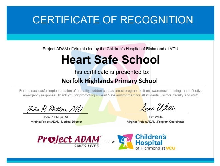 Certificate of Recognition for Heart Safe School