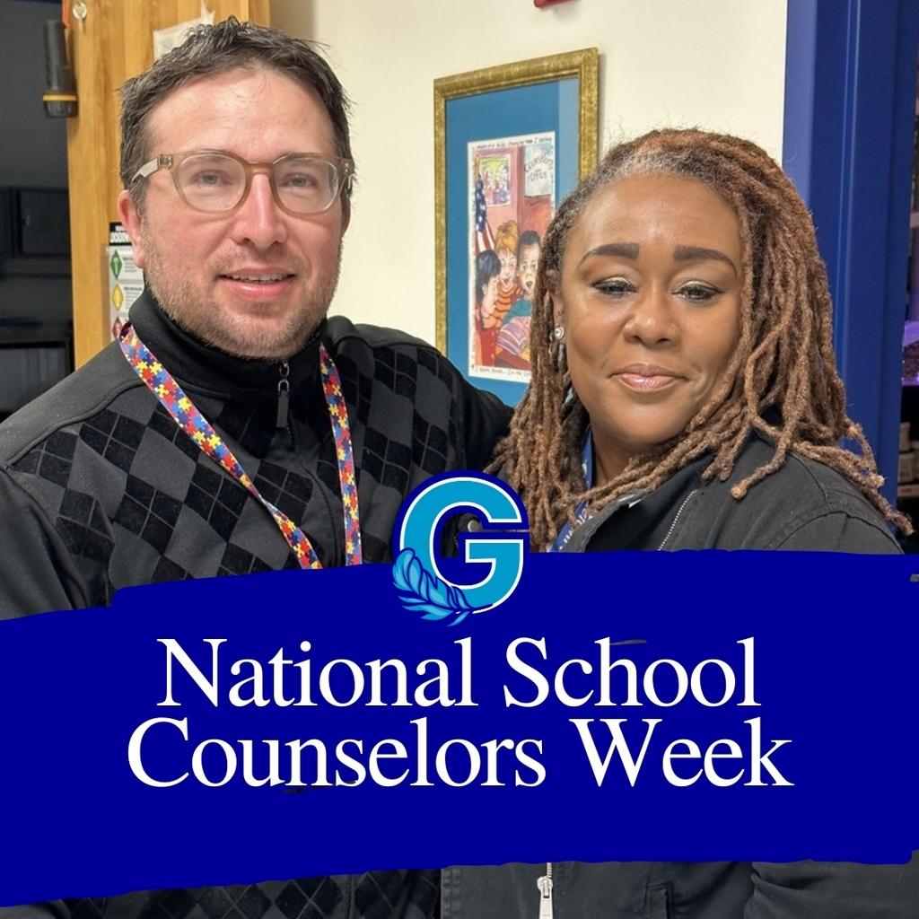 GTP's school counselors, Mr. Yeck and Mrs. Harrison with an overlay showing the school logo (blue uppercase G with blue feather) and the text: National School Counselors Week