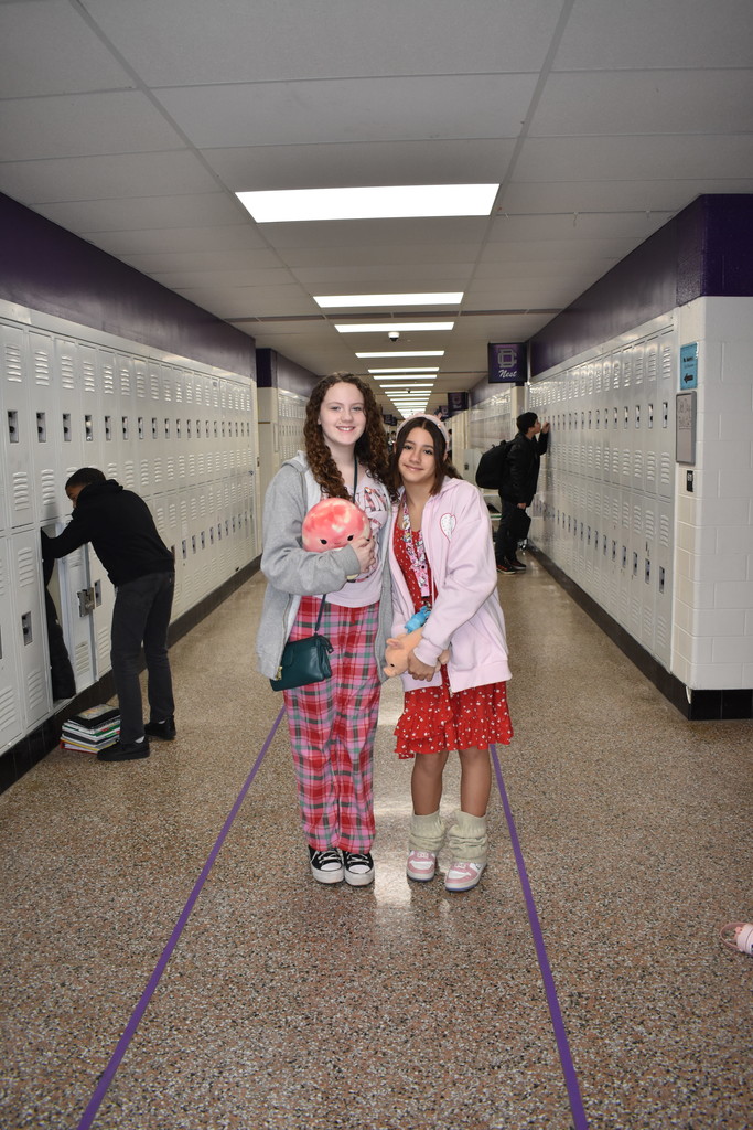 Two students wearing their Valentine's day outfits!