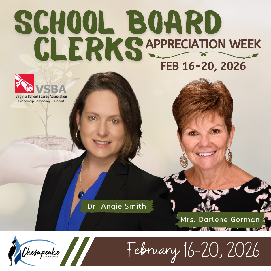 School board Clearks Appreciation Week graphic with brown and green colors and images of Darlene Gorman and Angie Smith.