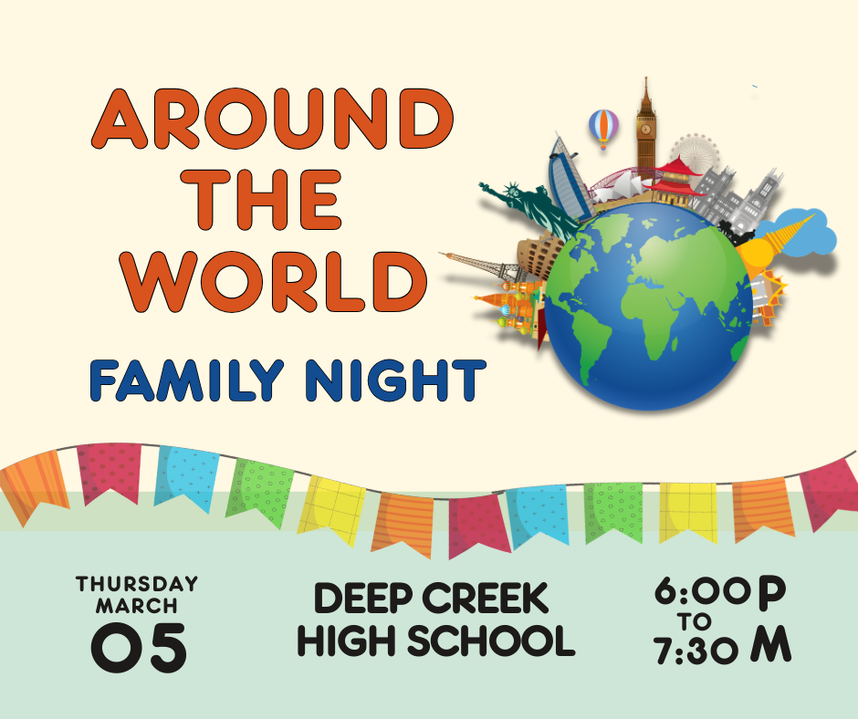 around the world family with flags and a world with landmarks on it. all text in post