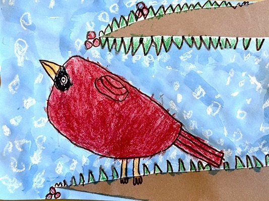kids drawing of a cardinal in color