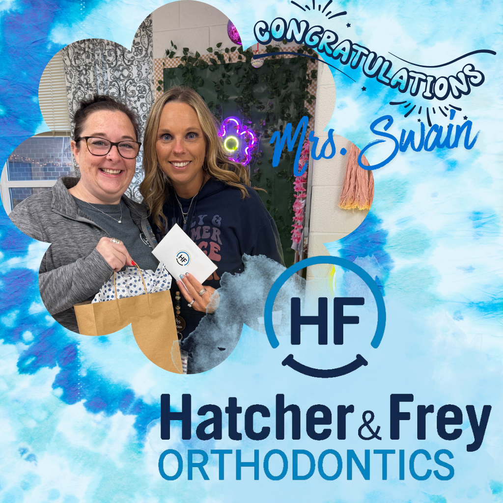 Congratulations Mrs Swain, sponsored by Hatcher & Frey Orthodontics, two ladies in the pictures with a goody bag and card