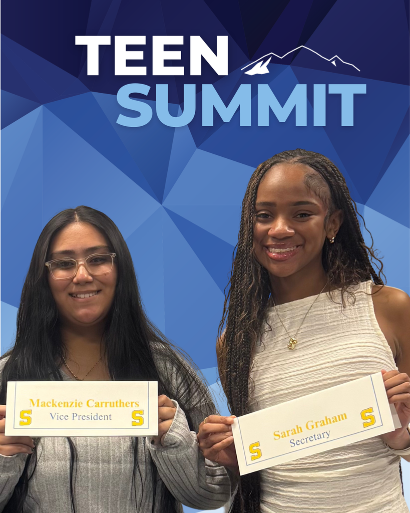 Teen Summit in text above two teen girls from OSHS SCA Smiling for camera