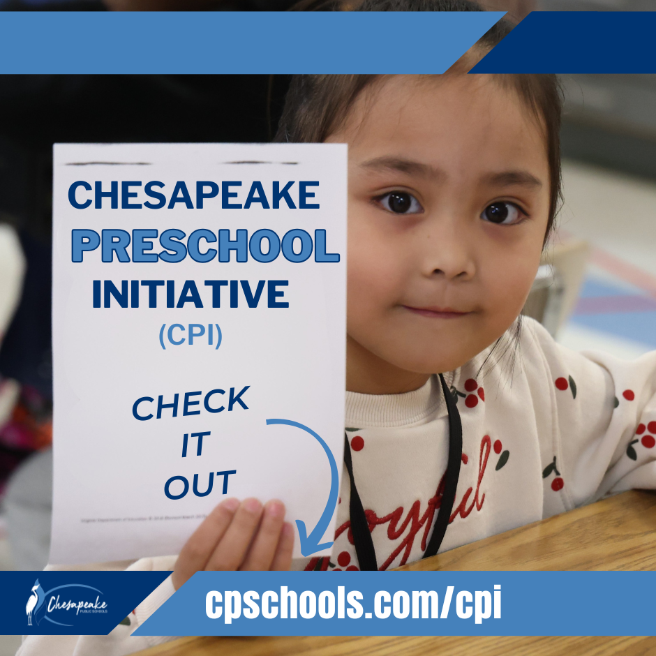 preschool age girl holding up a paper with text typed out Chesapeake preschool initiative check it out. The web address is in the text