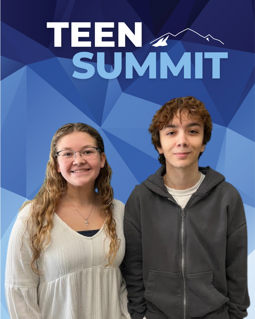 two teenagers cut out on blue geometric background wiht Teen Summit at the top