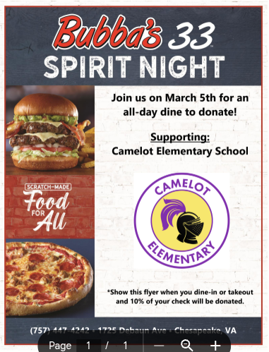 Bubba's 33 Camelot Spirit Night flyer