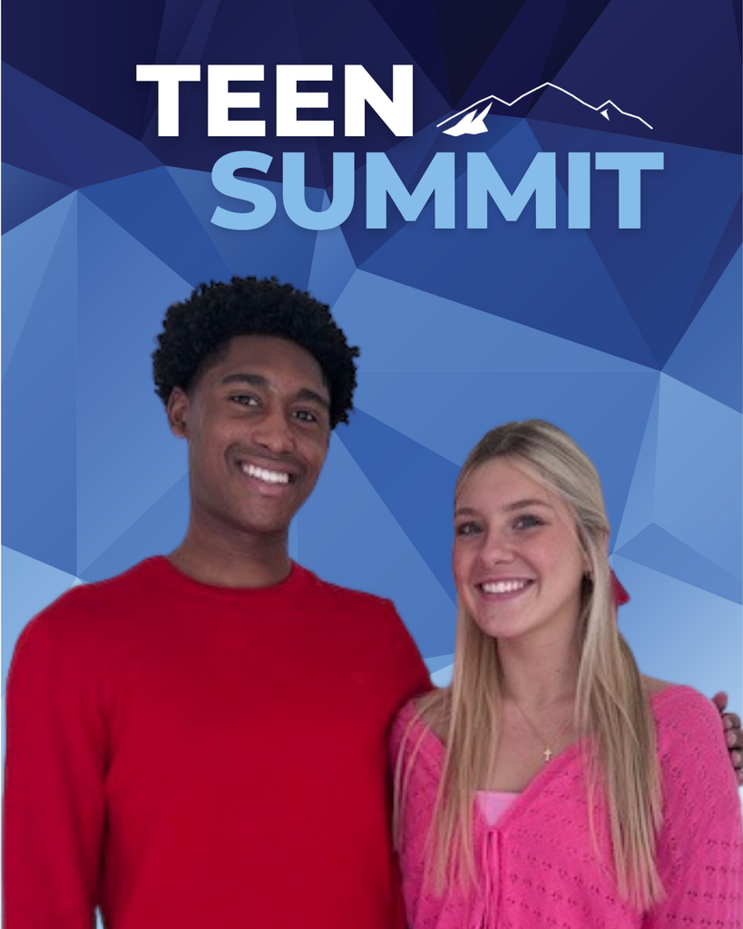 cut out of 2 GFHS students smiling on blue background with Teen Summit text above