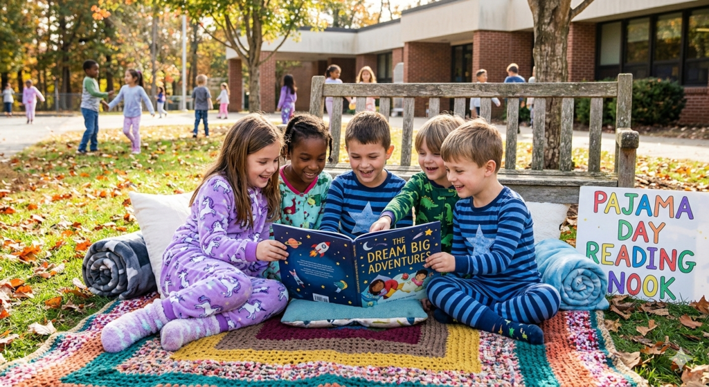 Kids reading books in pajamas