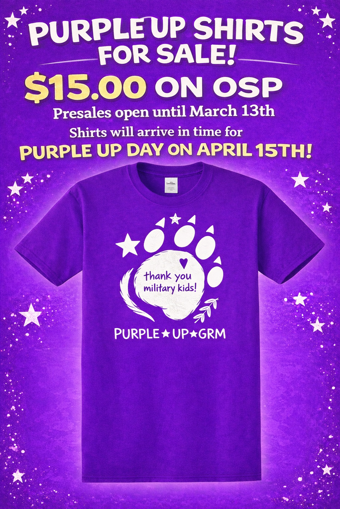 Purple Up Shirts for Sale starting March 13 for $15. Can pay on OSP and shirt will arrive before Purple Up Day on April 15.