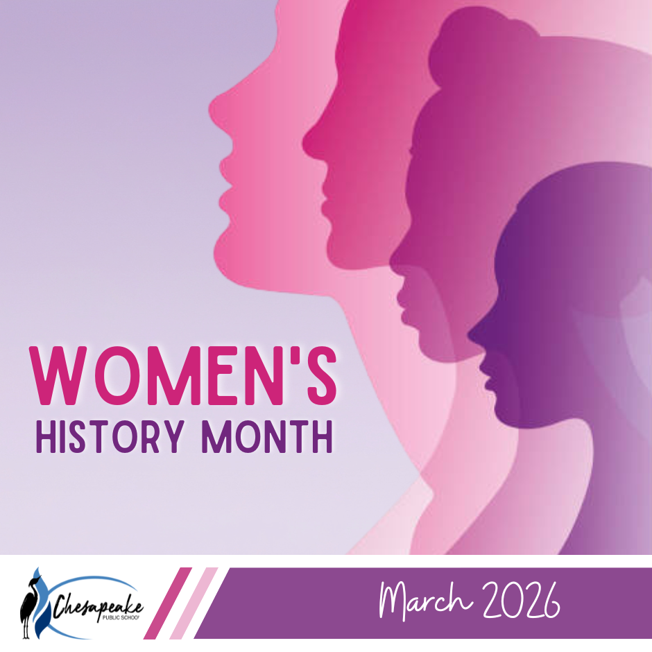 Women's History month text wihe purple and pink profiles of women