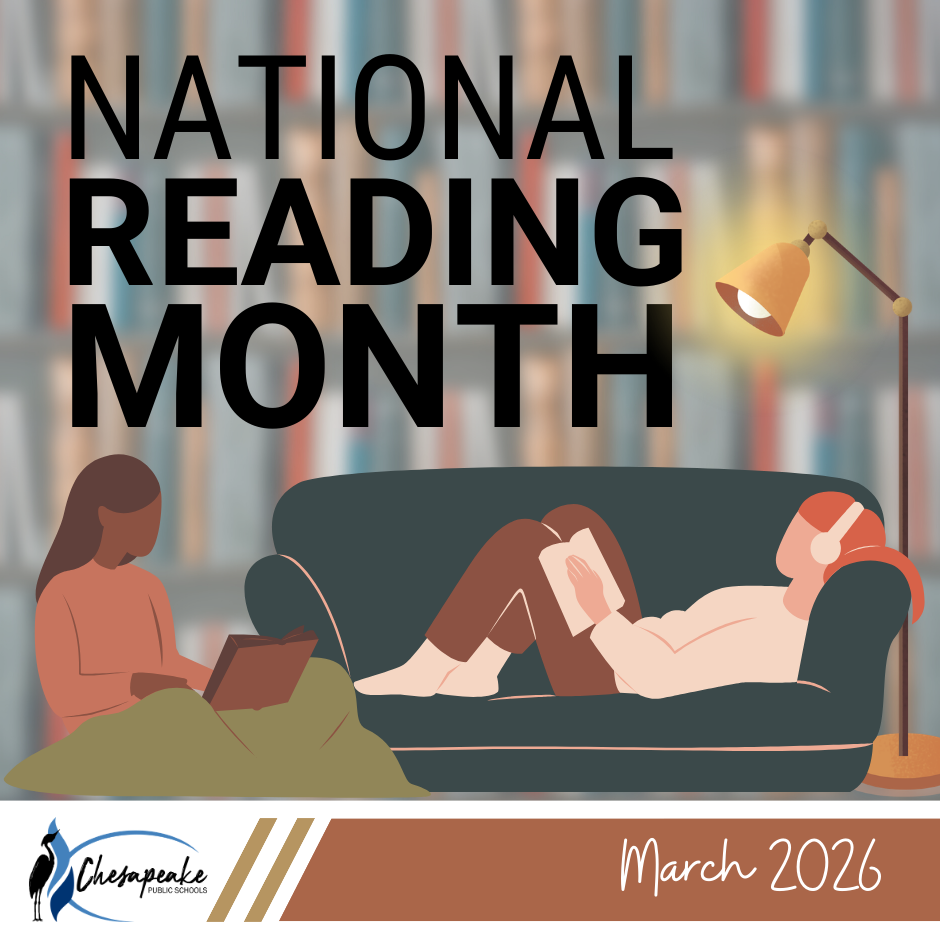 cartoon teenagers on couch reading books with light. Text says National Reading Month